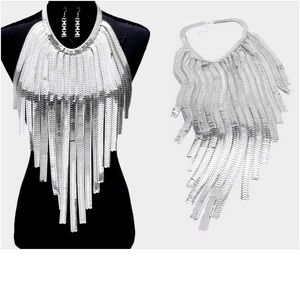 Long Fringe Necklace & Earring Set (Silver)